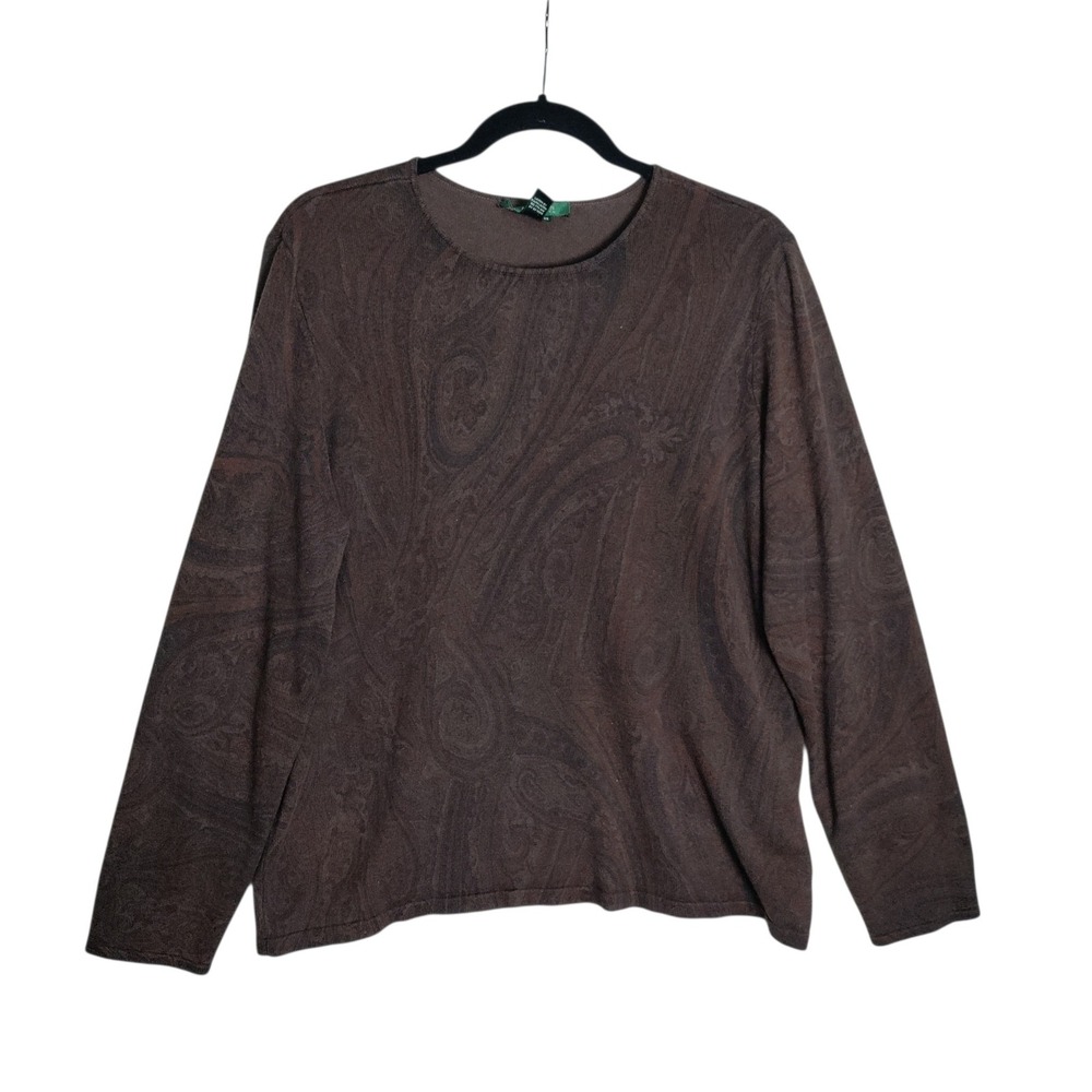 Lauren Ralph Lauren Silk Cashmere Paisley Sweater Brown 2X Long Sleeve Crewneck